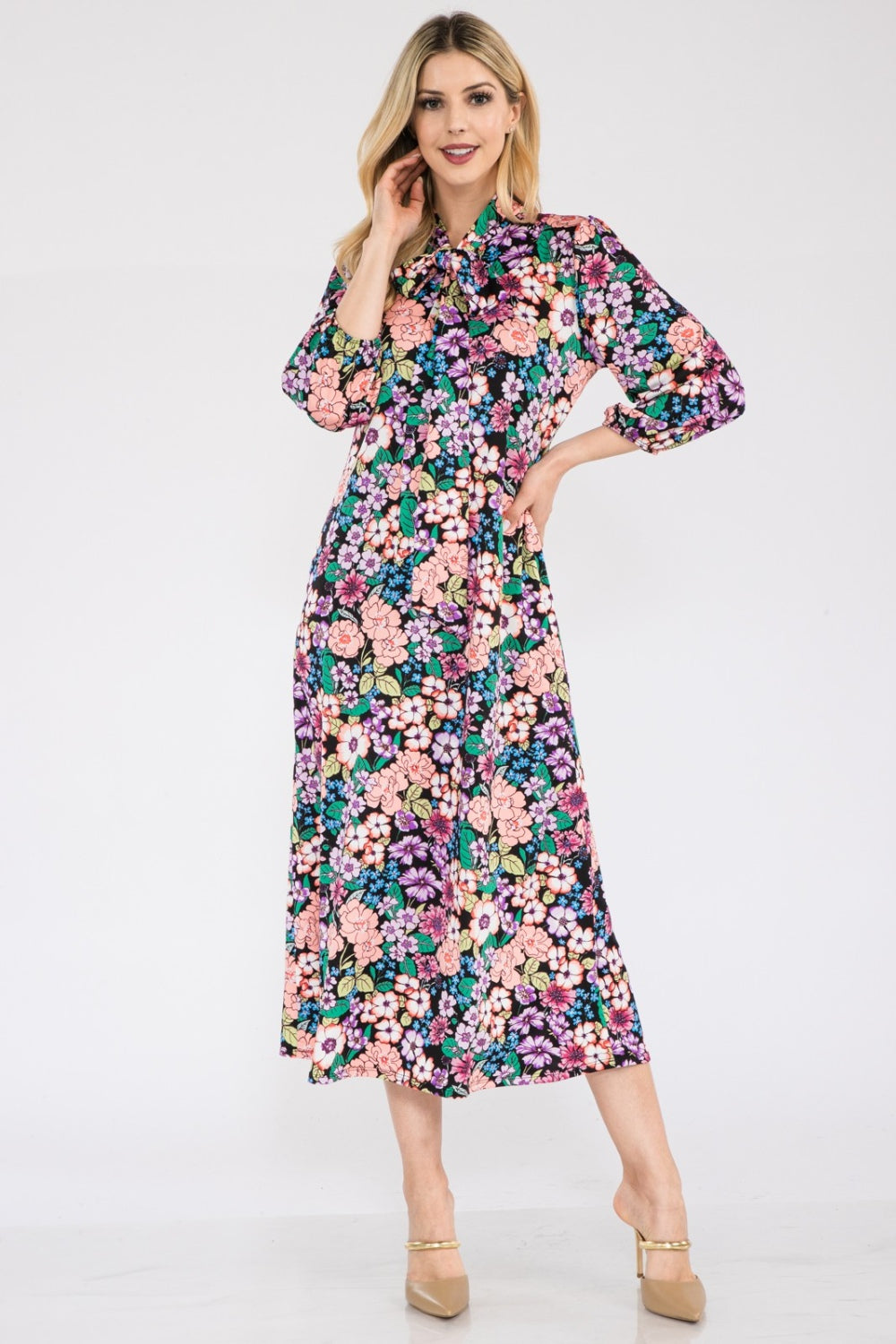 Women's Celeste Full Size Floral Midi Dress with Bow Tied