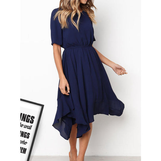 Women Short Sleeve Mid Length Slim Waist Solid Colored Round Neck Thin Dress - C8846ZWD