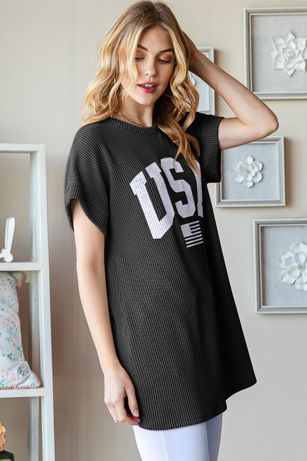 Women's Heimish Full Size USA Graphic Short Sleeve Ribbed Top