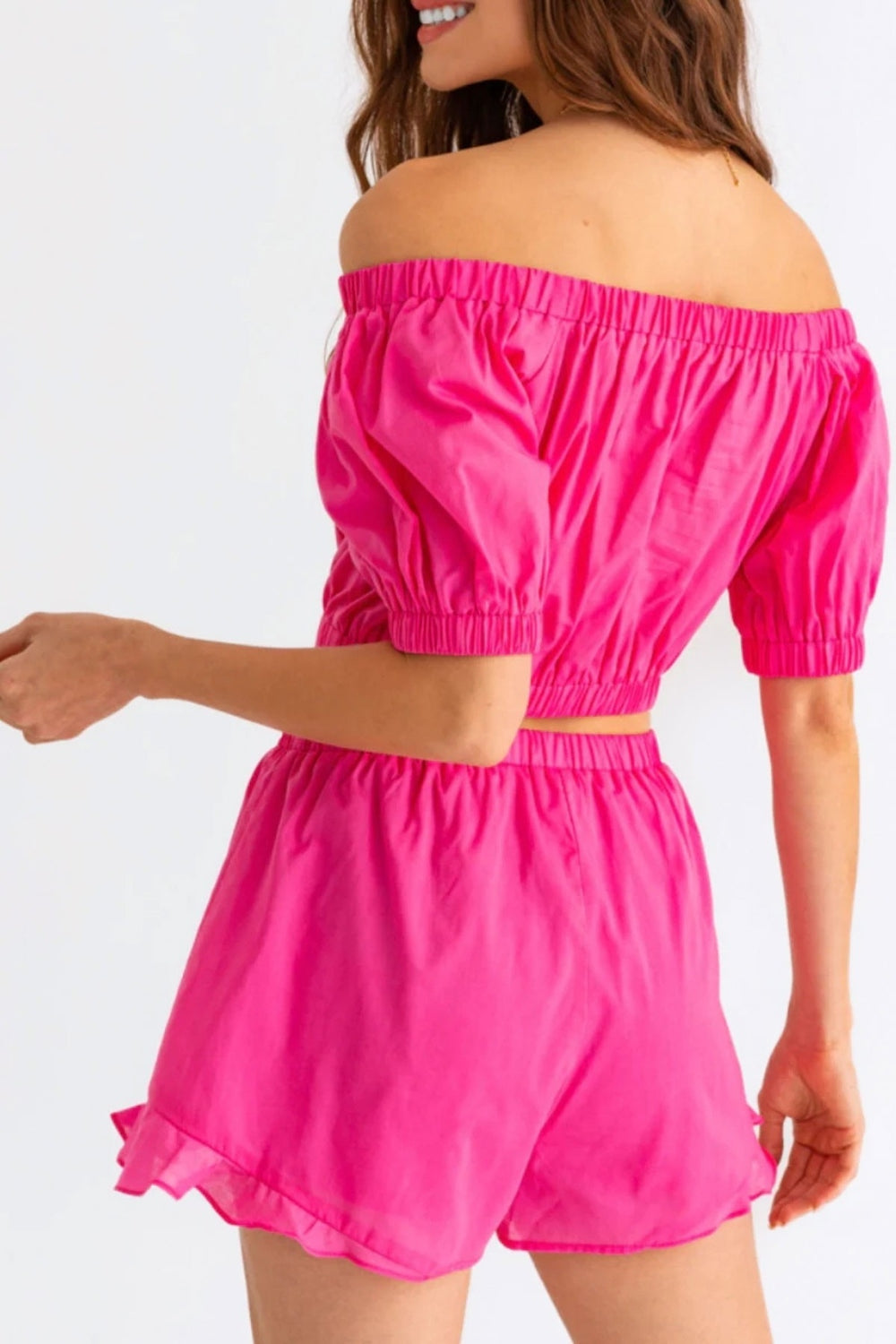 Women's Le Lis Off Shoulder Crop Top and Ruffled Shorts Set