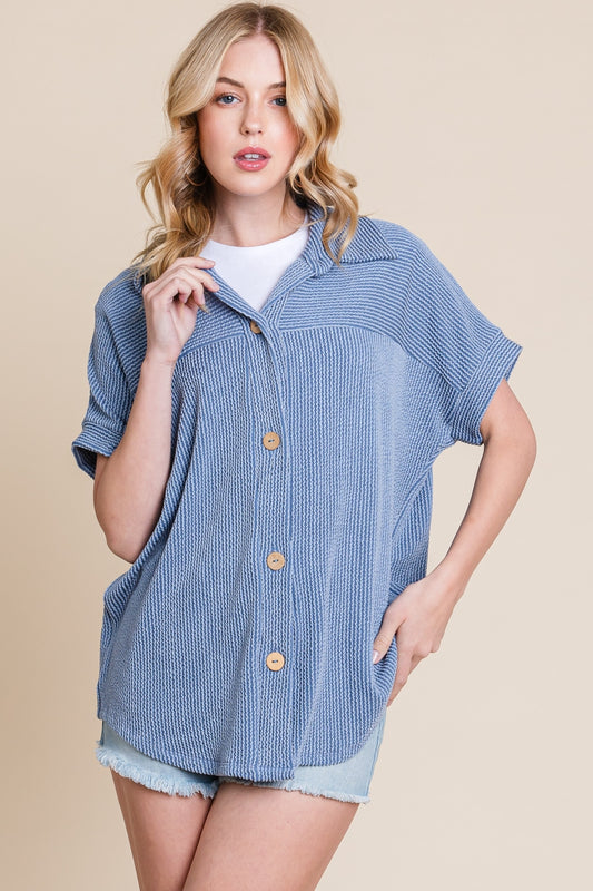 Women's BOMBOM Button Up Short Sleeves Ribbed Shirt