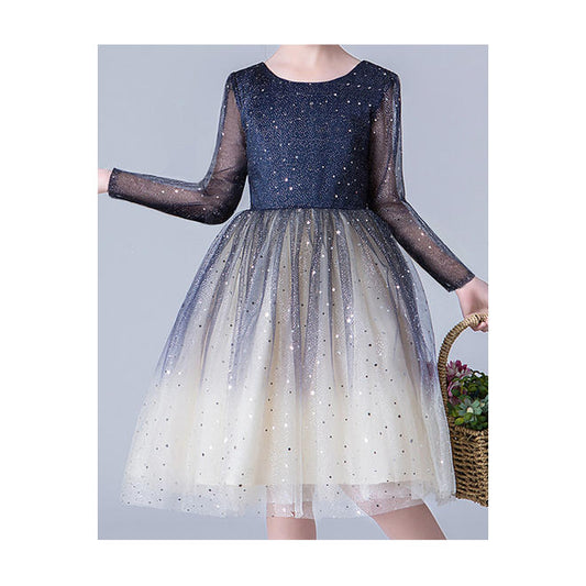 Kid Girl Charming Long Sleeve Starry Blue Evening Dress - KGDC39580