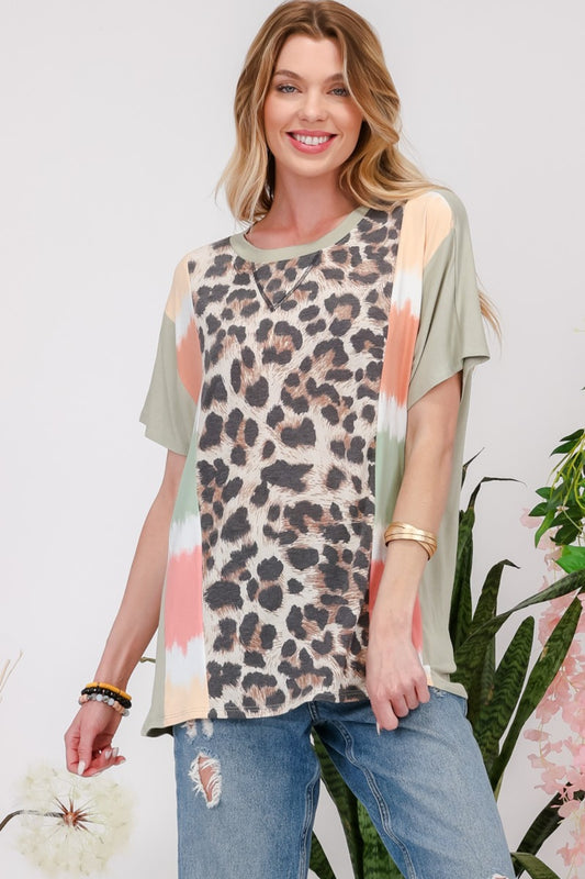 Women's Celeste Full Size Leopard Color Block T-Shirt