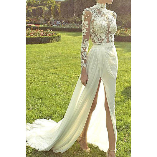 Ketty More Women Sheered Lace Long Slit Gown Wedding Dress-KMWDC13447