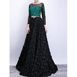 Women Elegant Boat Neck Long Sleeved Evening Dress - C5643JPD