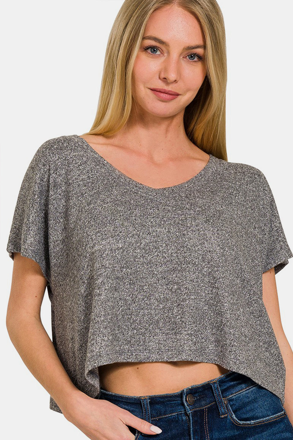 Women's Zenana V-Neck Short Sleeve Cropped T-Shirt