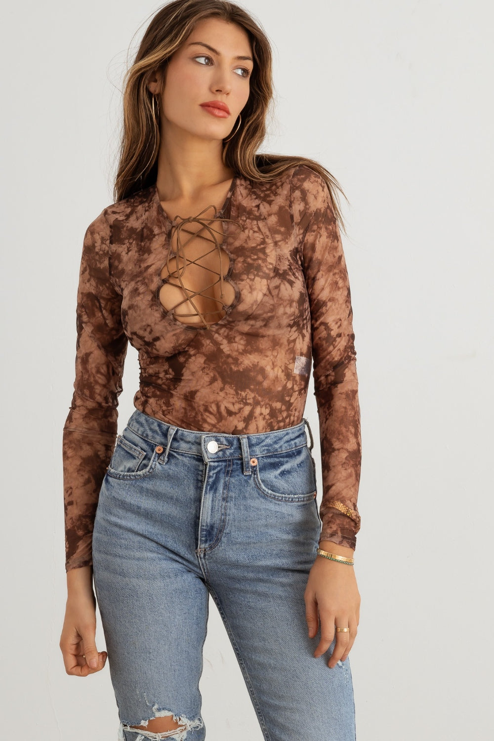 Women's HERA COLLECTION Abstract Mesh Lace-Up Long Sleeve Bodysuit