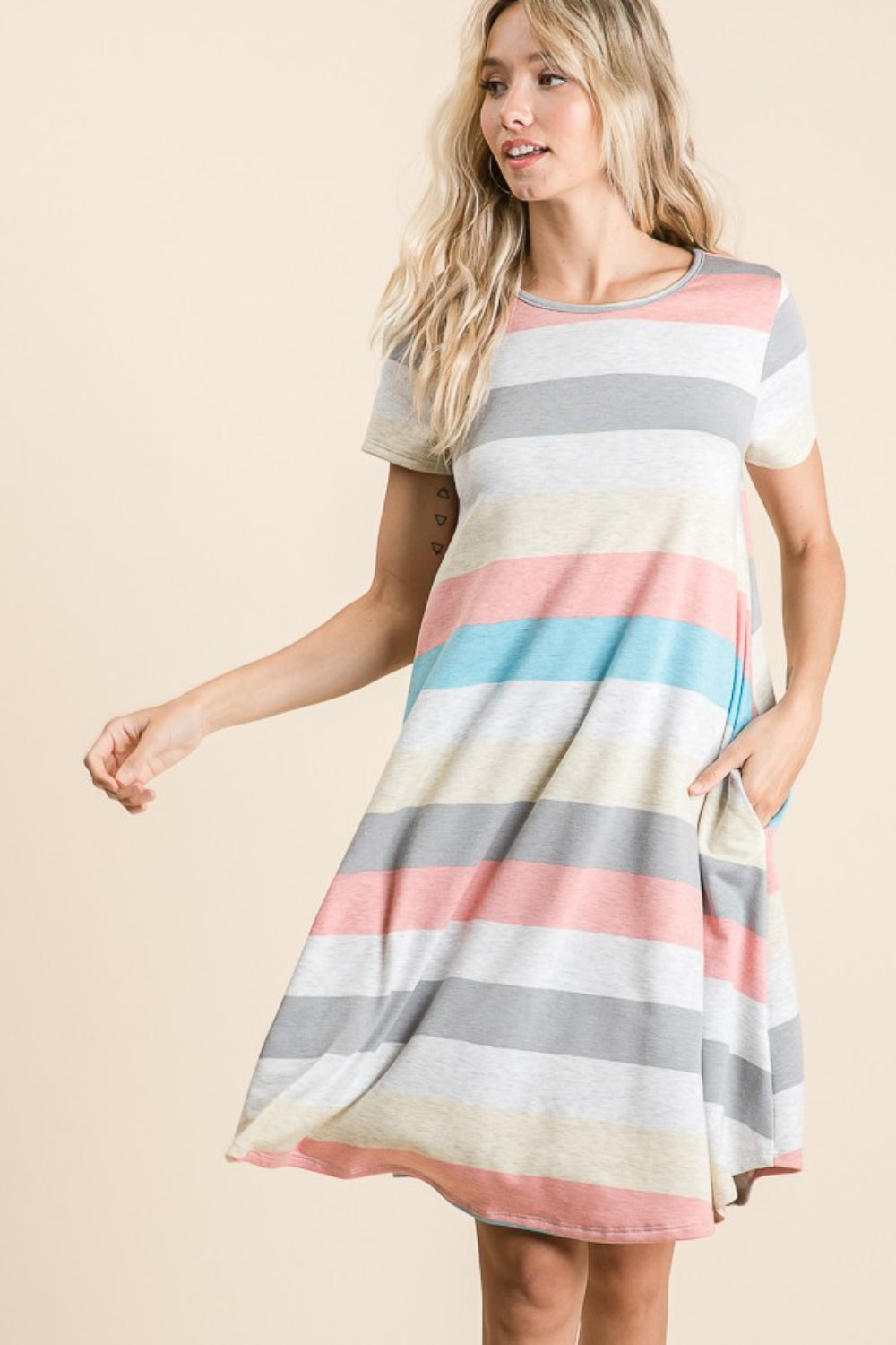 Women's BOMBOM Striped Short Sleeve Dress with Pockets