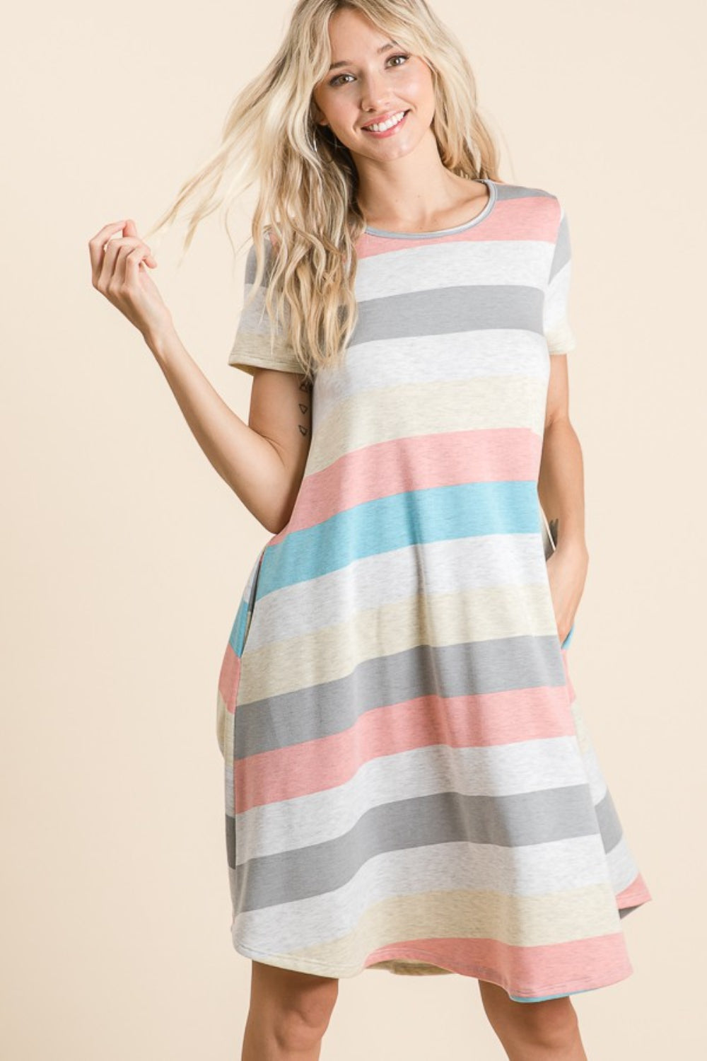 Women's BOMBOM Striped Short Sleeve Dress with Pockets