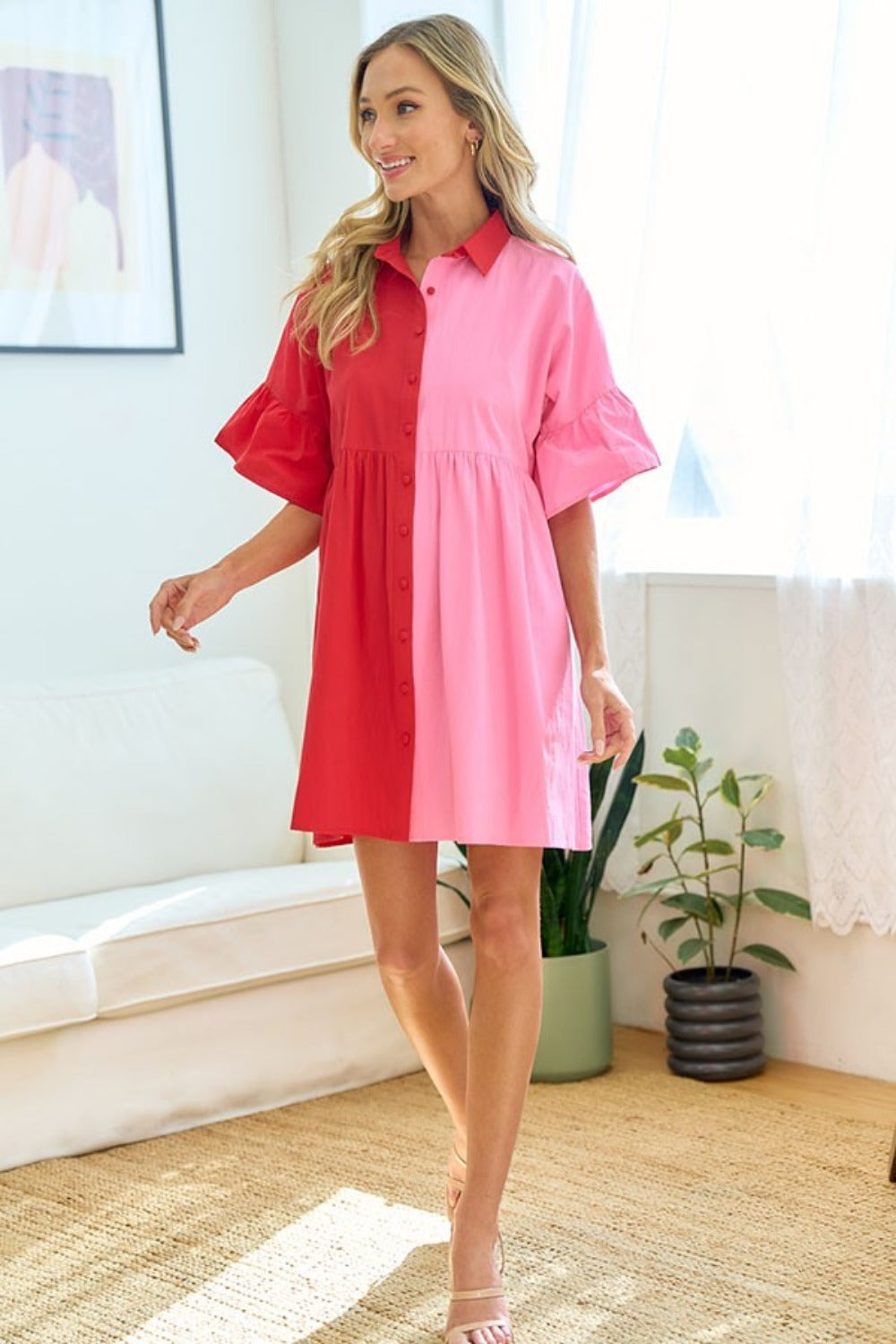 Women's First Love Full Size Color Blocked Button Down Babydoll Dress