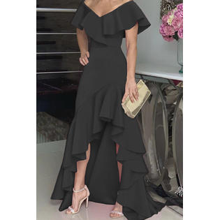 Women Tremendous Solid Colored Irregular Long Hem V-Neck Fashion Splendid Dress - C13522WDU