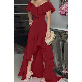 Women Tremendous Solid Colored Irregular Long Hem V-Neck Fashion Splendid Dress - C13522WDU