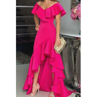 Women Tremendous Solid Colored Irregular Long Hem V-Neck Fashion Splendid Dress - C13522WDU