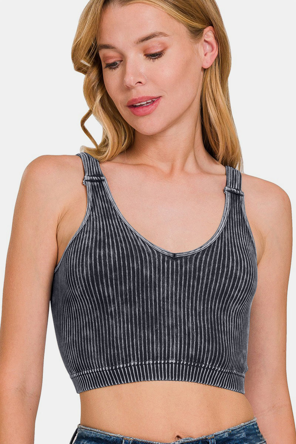 Women's Zenana Washed Ribbed Cropped V-Neck Tank