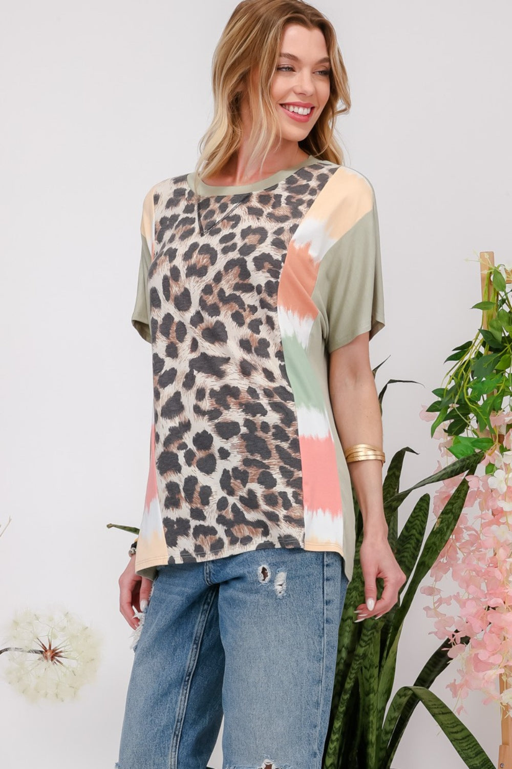 Women's Celeste Full Size Leopard Color Block T-Shirt