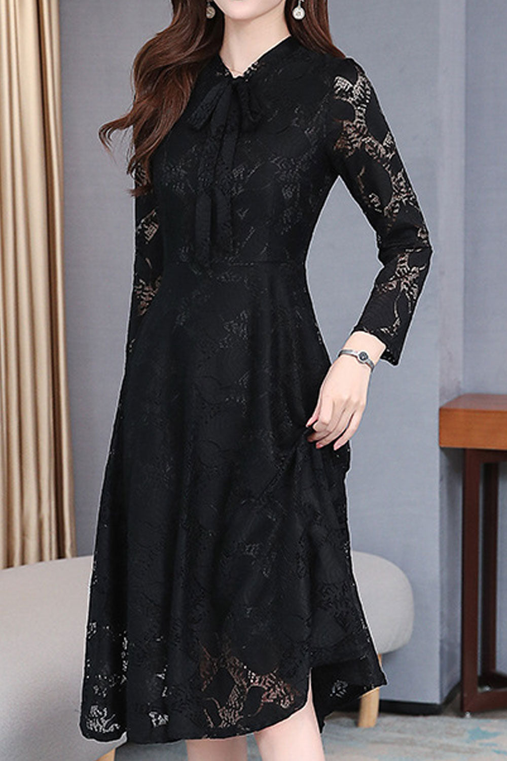 Women Enticing Lace Patterned V-Neck Net Long Sleeves A-line Style Slim Fit Dress - WD117641