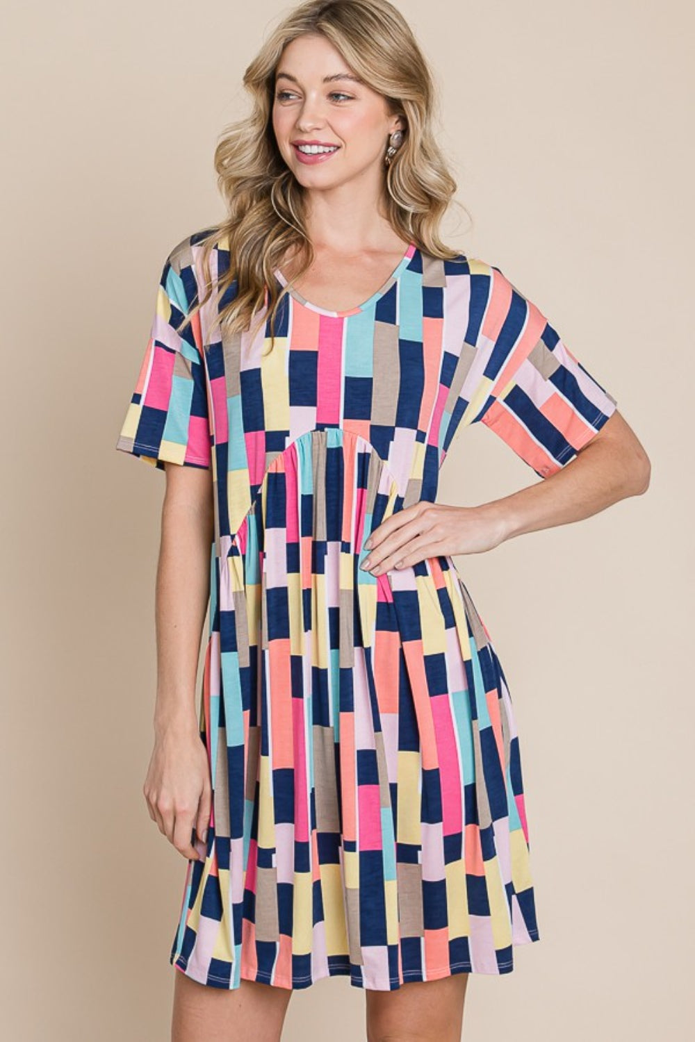 Women's BOMBOM Ruched Color Block Short Sleeve Mini Dress