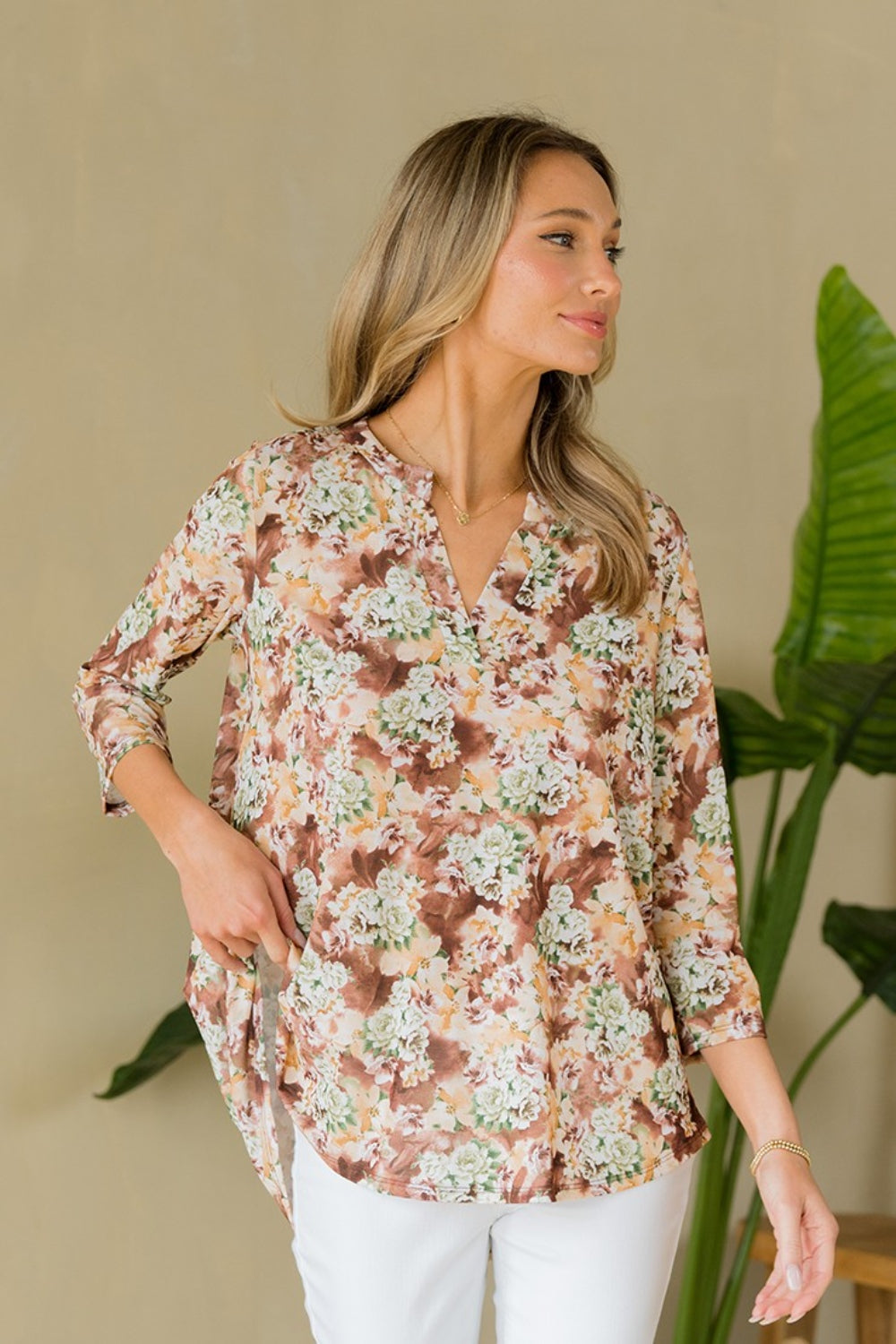 Women's Sew In Love Full Size Wrinkle-Free Floral Notched Top