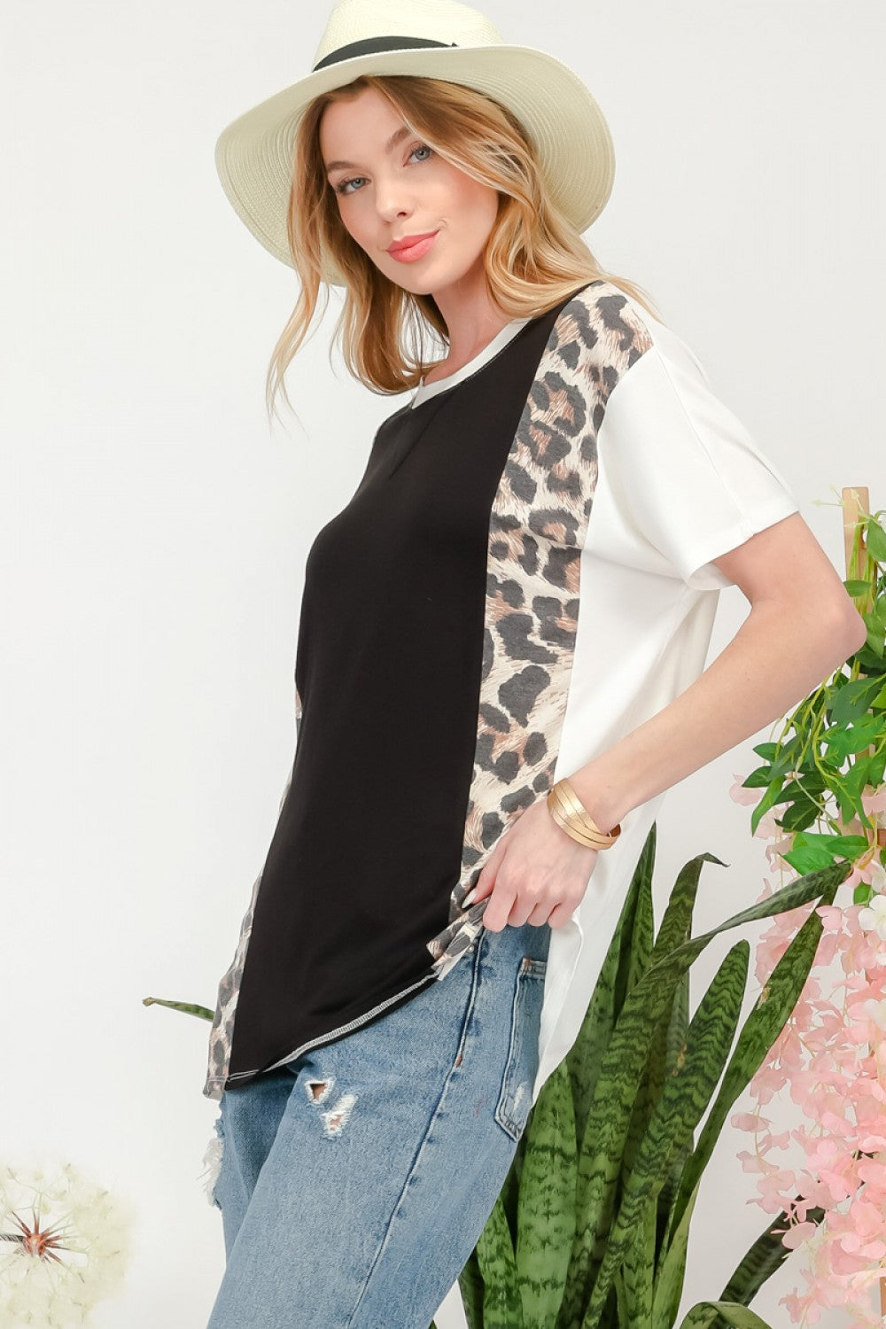 Women's Celeste Full Size Leopard Color Block T-Shirt