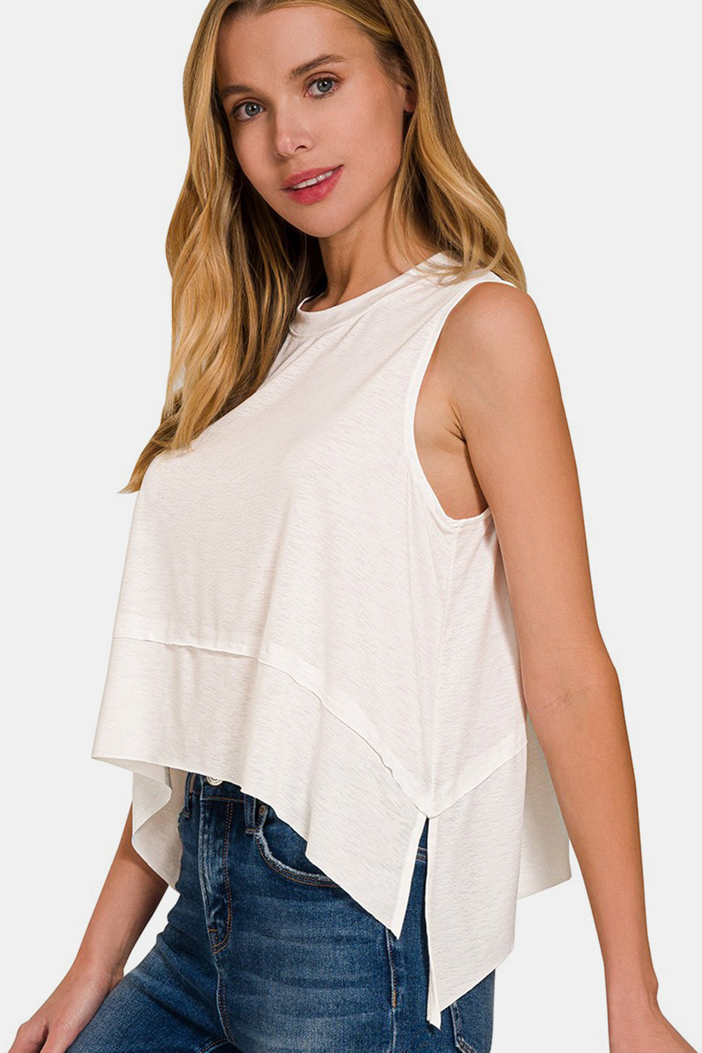 Women's Zenana Slit High-Low Round Neck Tank