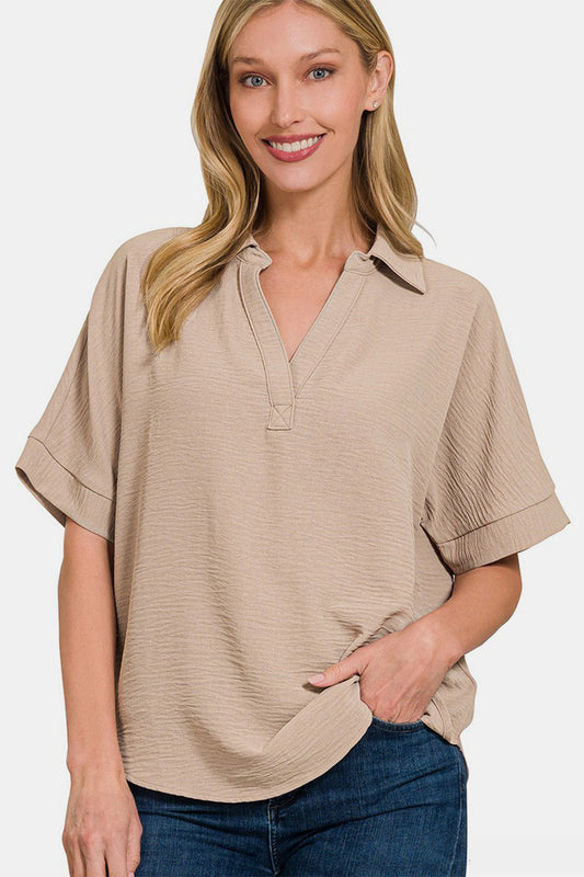 Women's Zenana Texture Collared Neck Short Sleeve Top