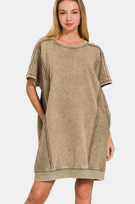 Women's Zenana Washed Exposed Seam Mini Tee Dress