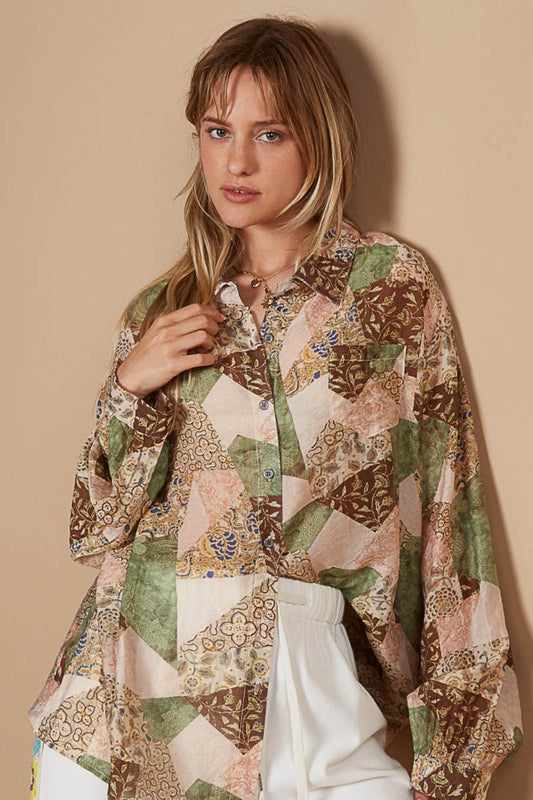 Women's POL Button-Down Long Sleeve Printed Shirt