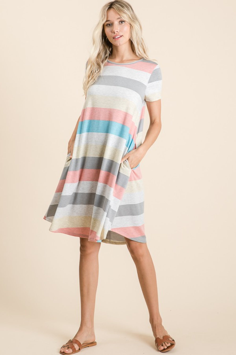 Women's BOMBOM Striped Short Sleeve Dress with Pockets