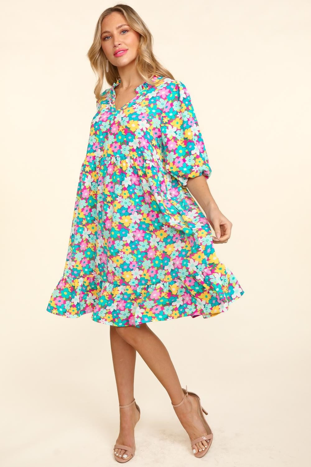 Women's Haptics Bubble Sleeve Floral Ruffled Dress