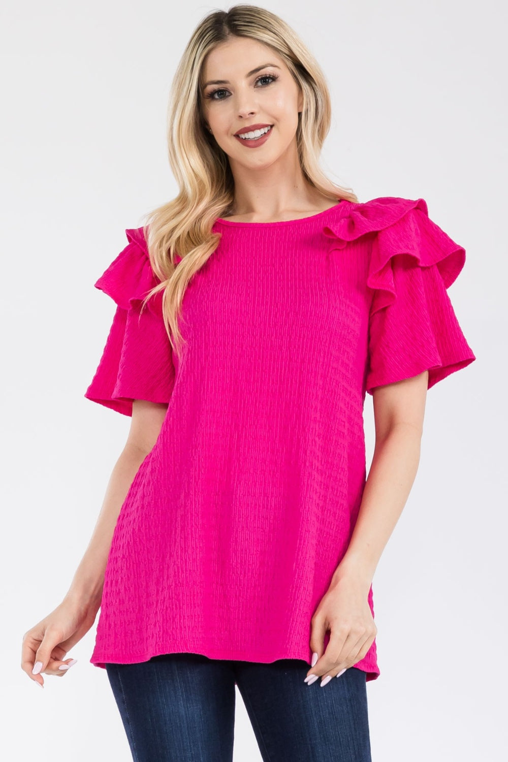 Women's Celeste Full Size Ruffle Layered Short Sleeve Texture Top