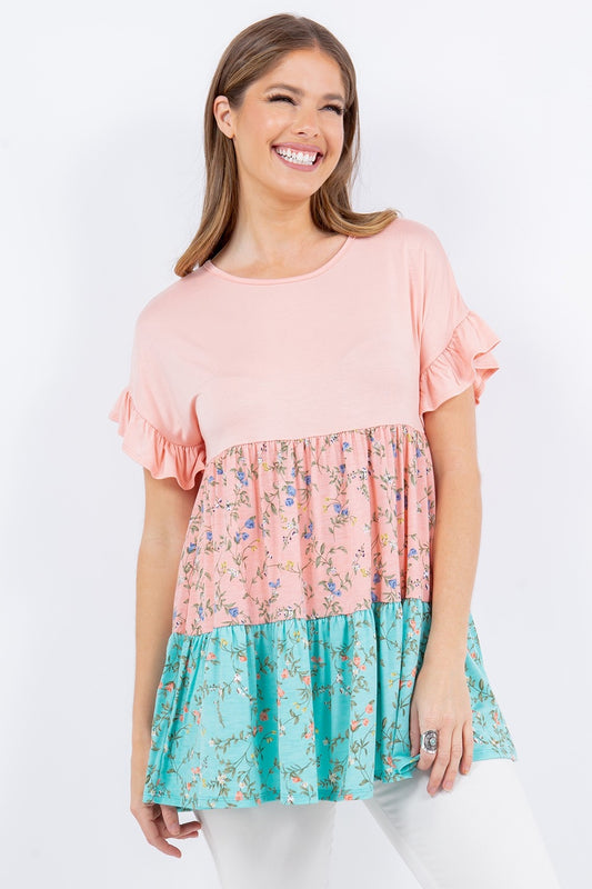 Women's Celeste Full Size Floral Color Block Ruffled Short Sleeve Top