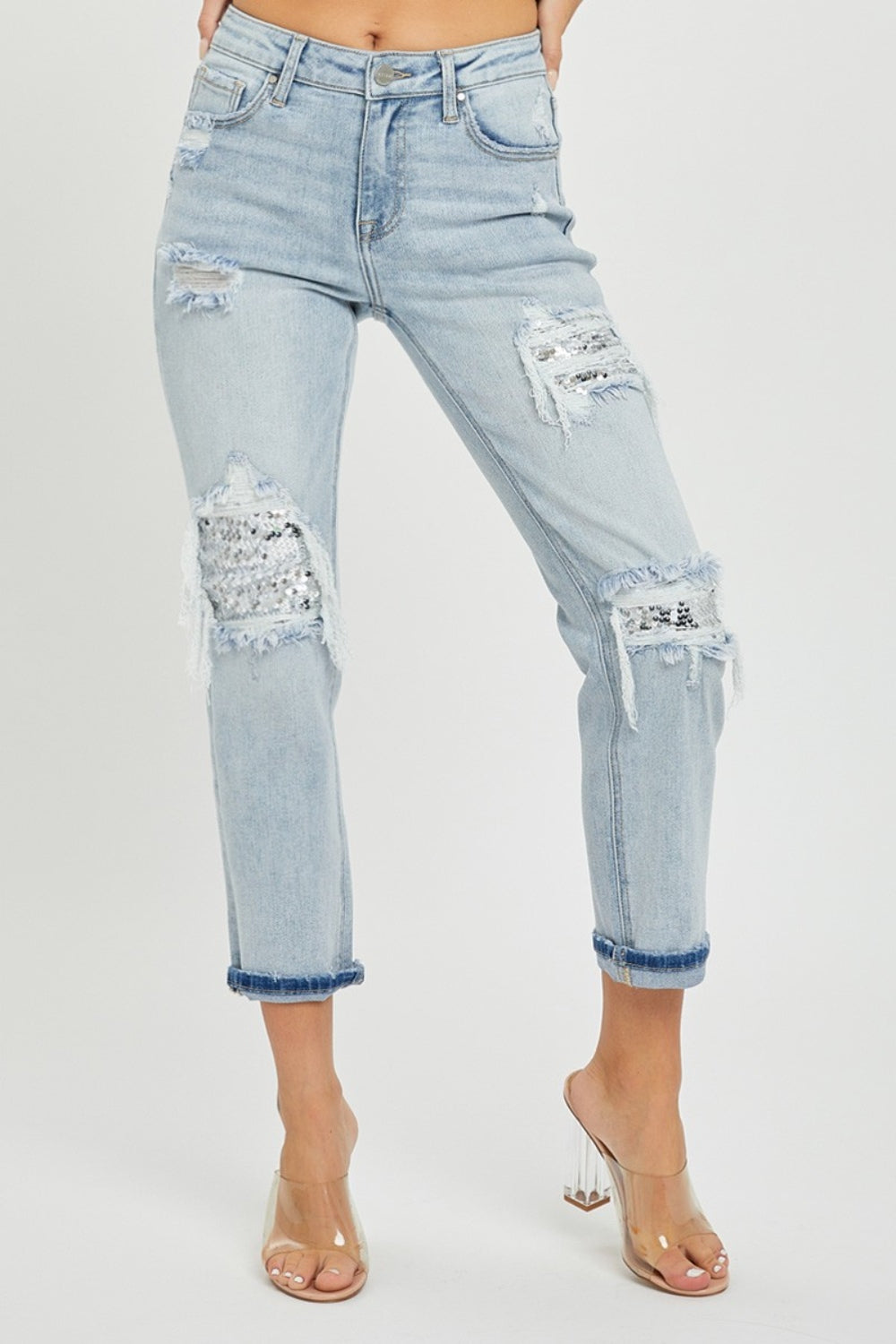 Women's RISEN Mid-Rise Sequin Patched Jeans