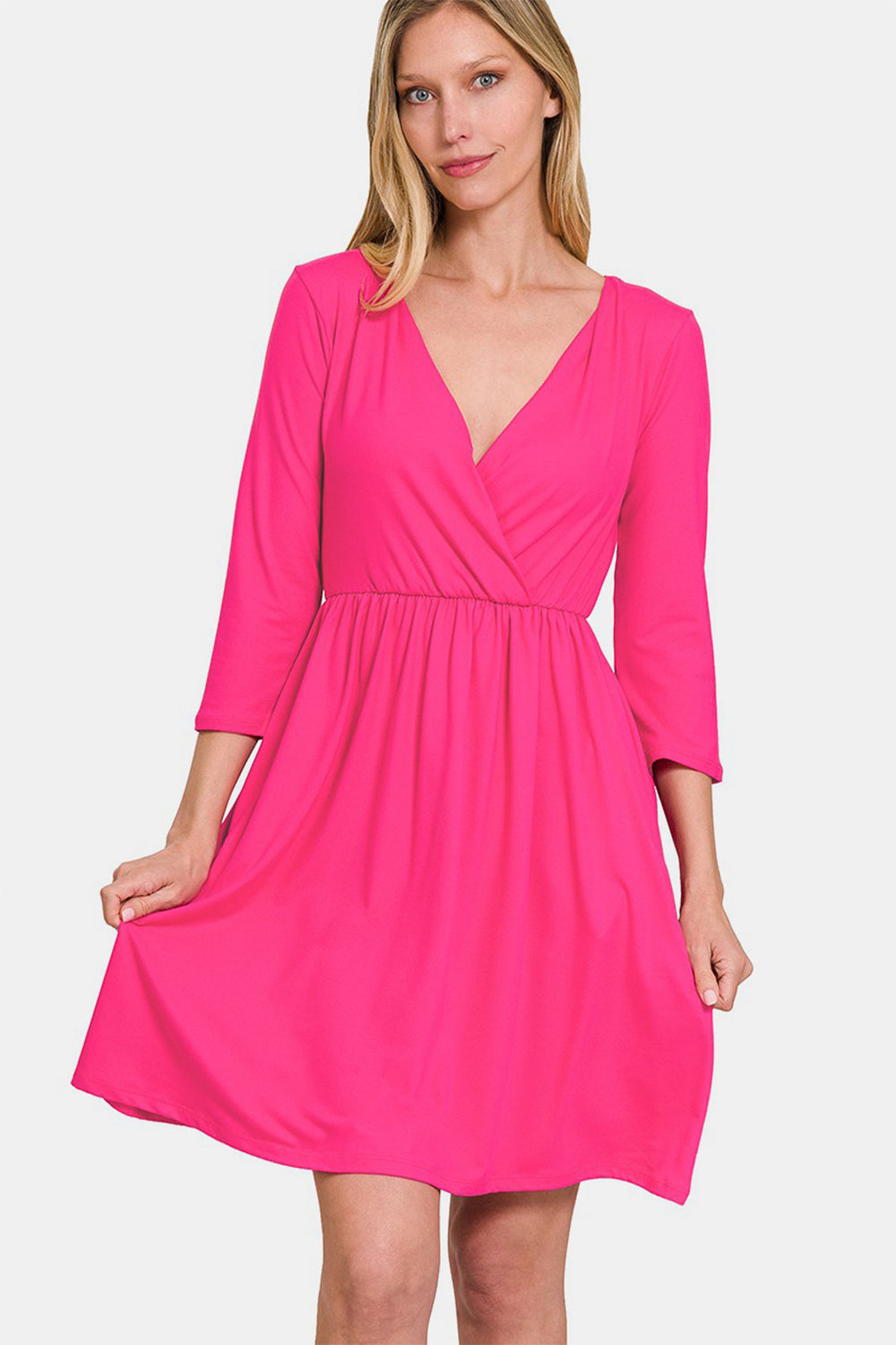 Women's Zenana Three-Quarter Sleeve Surplice Dress with Pockets