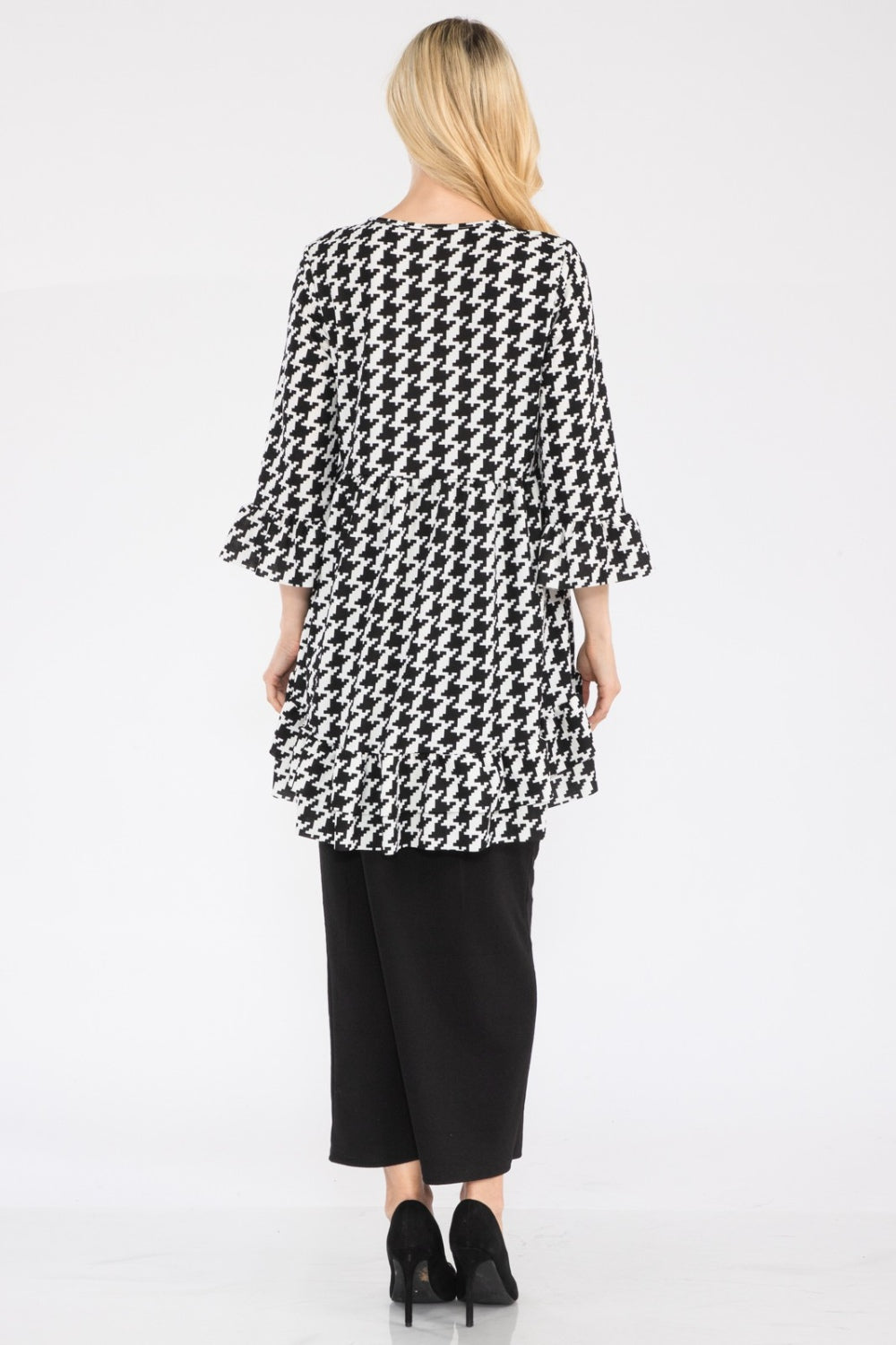 Women's Celeste Full Size Houndstooth Flounce Sleeve High-Low Top