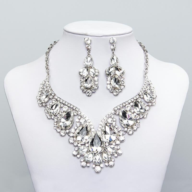 Women Wedding Necklace Bridal Wedding Engagement Prom Jewelry Set Crystal Rhinestone Necklace