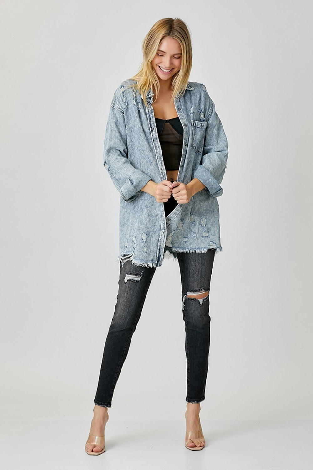 Women's RISEN Distressed Raw Hem Denim Shirt