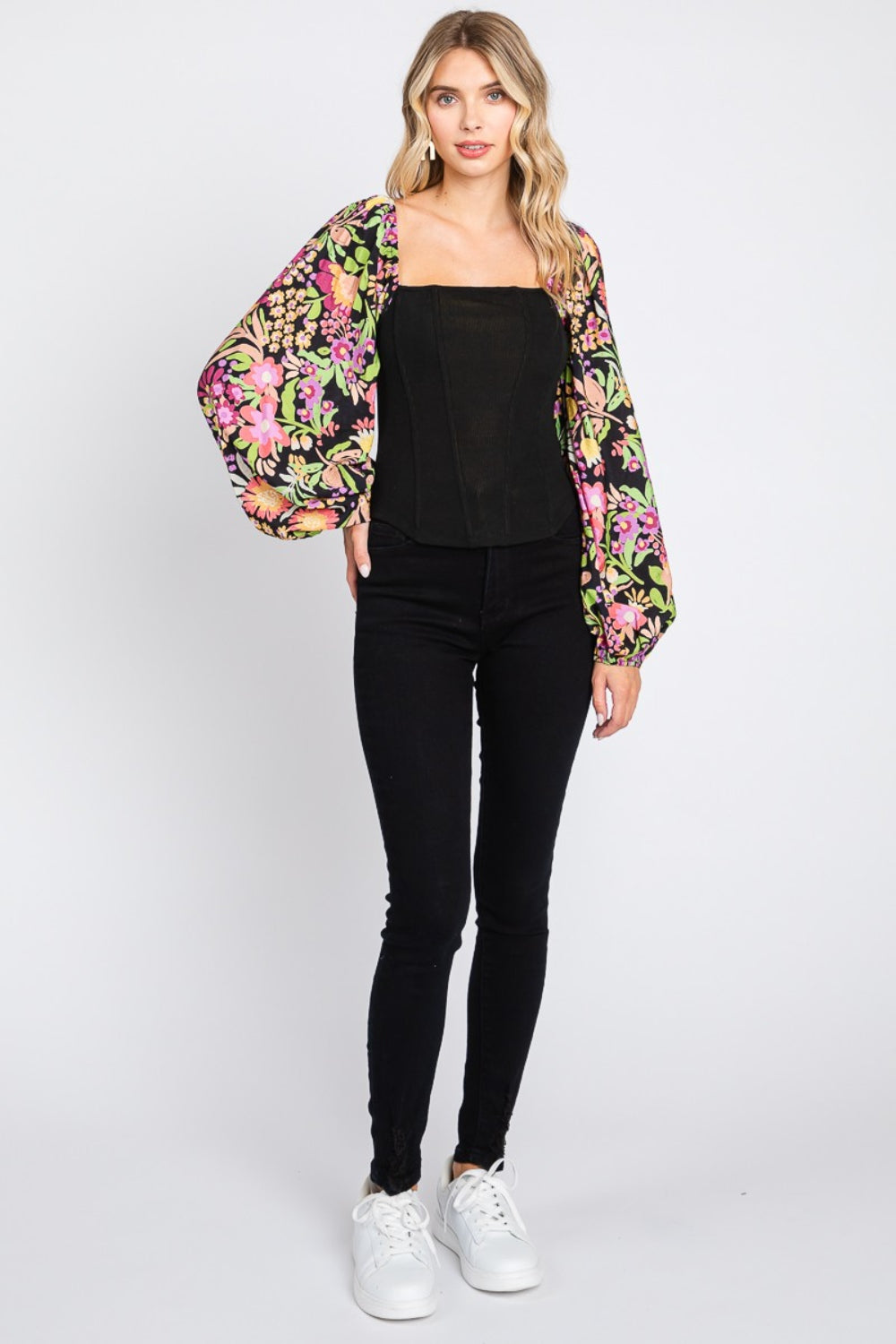 Women's ODDI Full Size Floral Balloon Sleeve Blouse