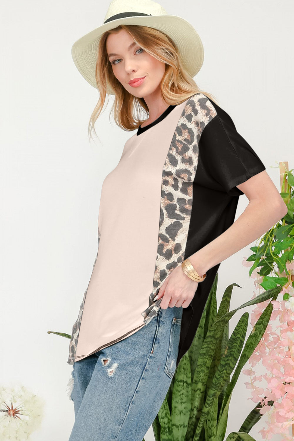 Women's Celeste Full Size Leopard Color Block T-Shirt