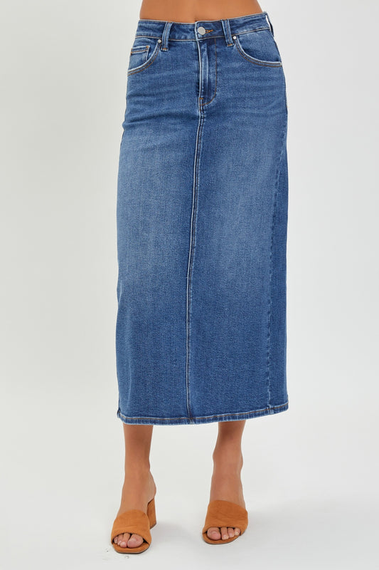 Women's RISEN High Rise Back Slit Denim Skirt