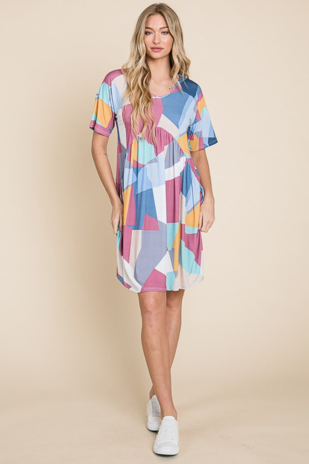 Women's BOMBOM Ruched Color Block Short Sleeve Dress