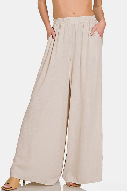 Women's Zenana Pleated Linen Blend Wide Leg Pants