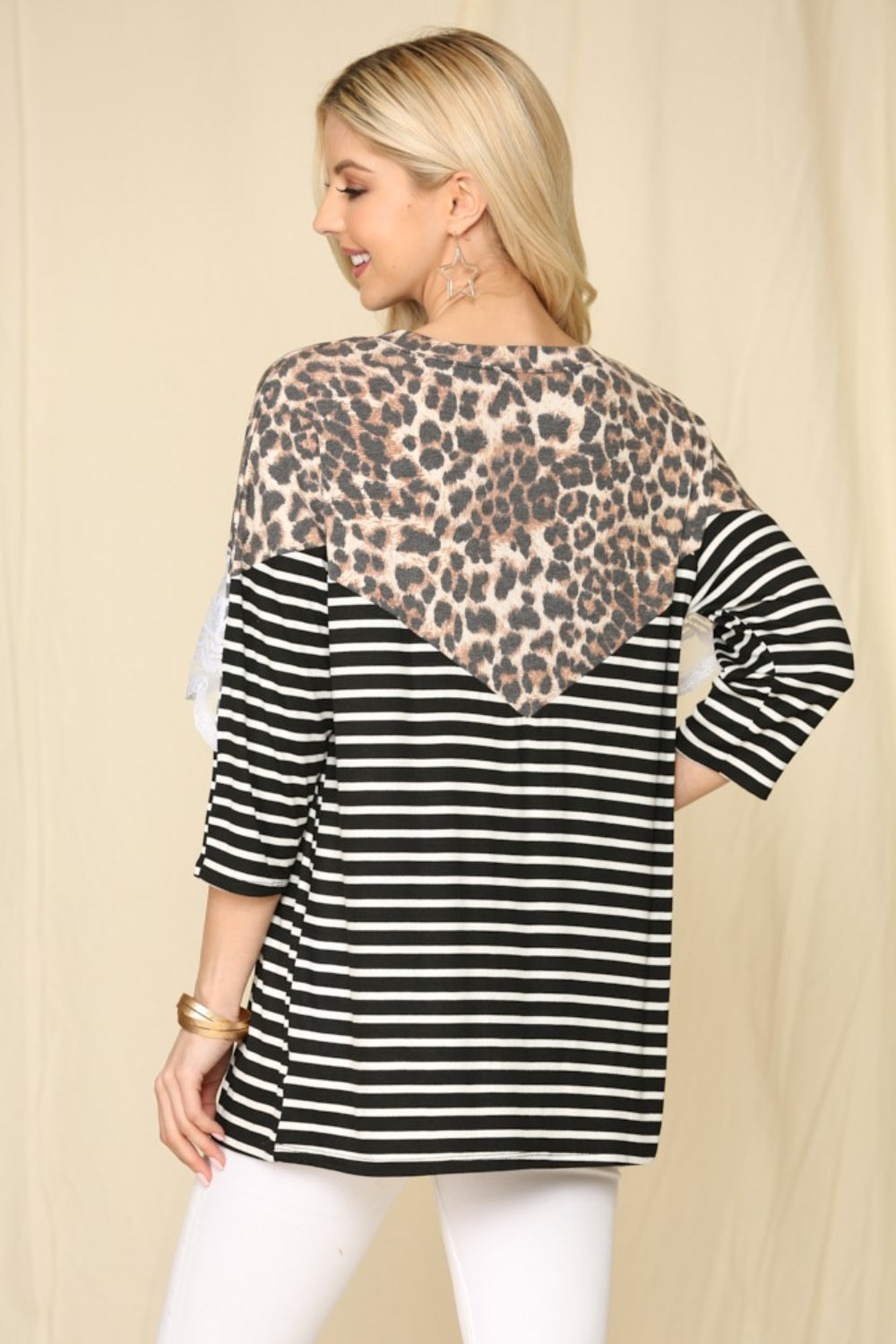 Women's Celeste Full Size Leopard Spliced Stripe T-Shirt with Lace Detail