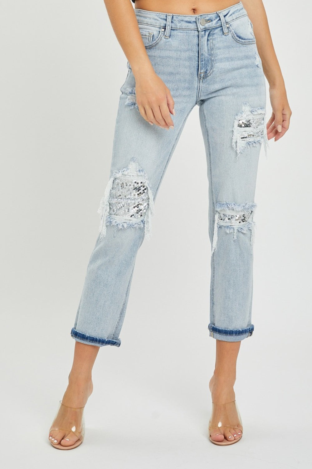 Women's RISEN Mid-Rise Sequin Patched Jeans