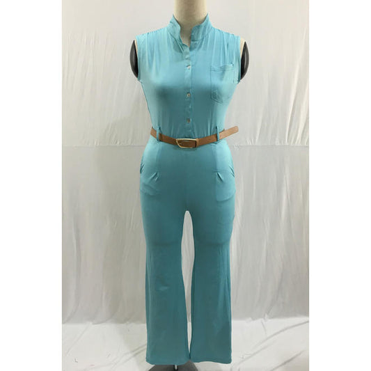 Women Button Closure Pocket Style Waist Belt Sleeveless Jumpsuit - WJC63658