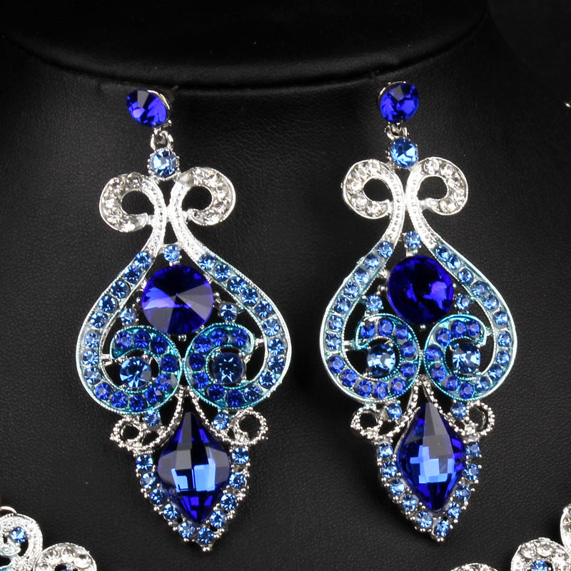 Exaggerated necklace and earrings set blue crystal clavicle chain decorative necklace dress accessories retro