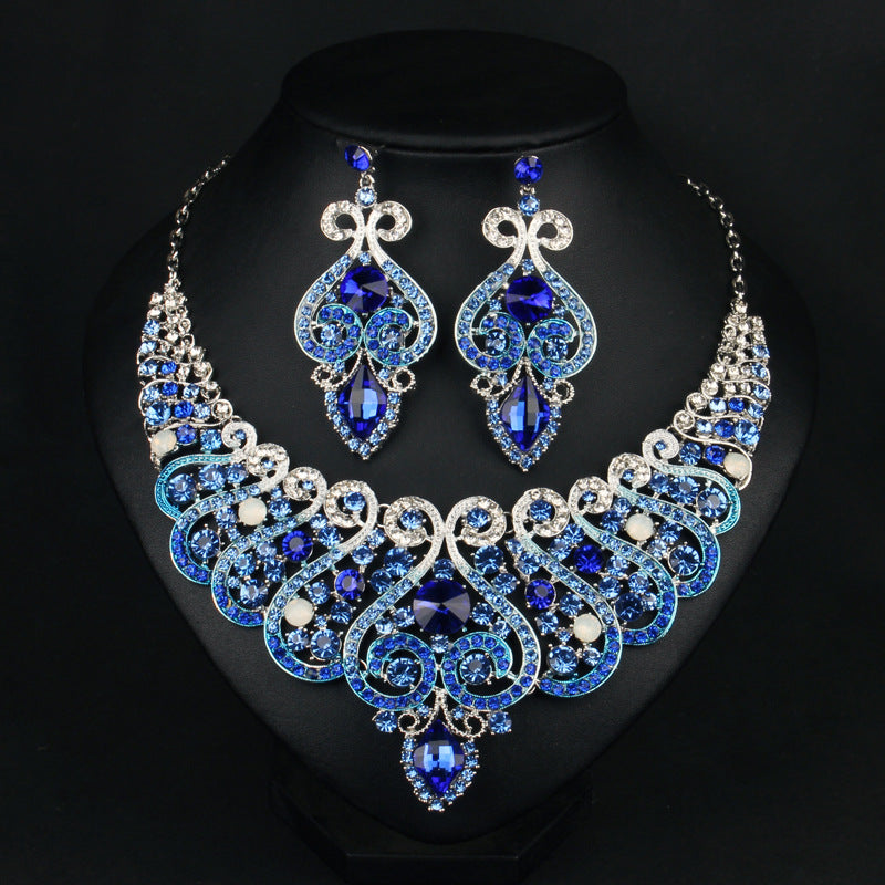 Exaggerated necklace and earrings set blue crystal clavicle chain decorative necklace dress accessories retro