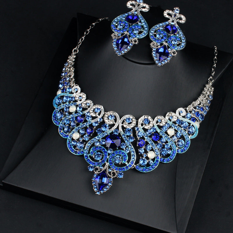 Exaggerated necklace and earrings set blue crystal clavicle chain decorative necklace dress accessories retro