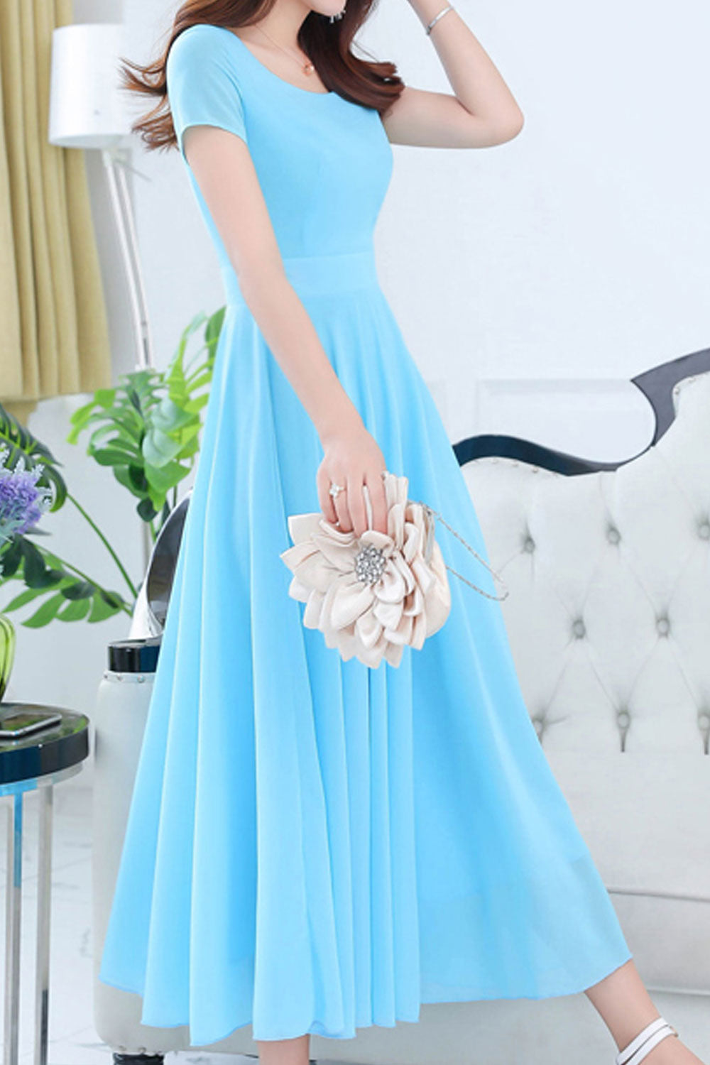 Women Short Sleeve Solid Color Fashion Swing Dress - C1602KMD