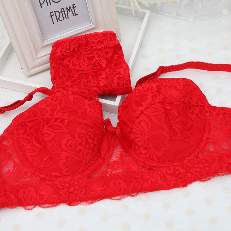 Ultra-thin full lace sexy thin cotton cup set bra plump large cup BC underwear female