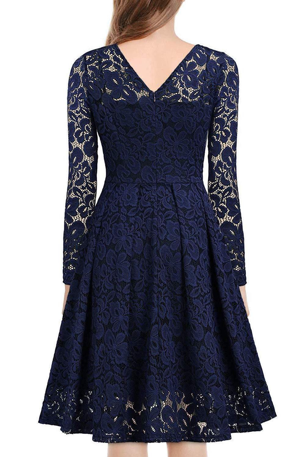 Women Alluring Lace Pattern Long Sleeve V-Neck Knee Length Beautiful Dress - WDC60209